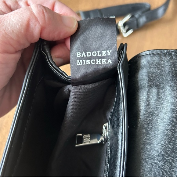 Badgley Mischka Black Denim Diamond Quilted Crossbody Bag Purse Faux Pearls NWT - Picture 9 of 14